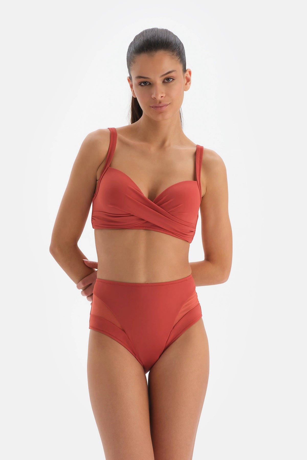 Kiremit Tül Detaylı Yüksek Bel Bikini Altı