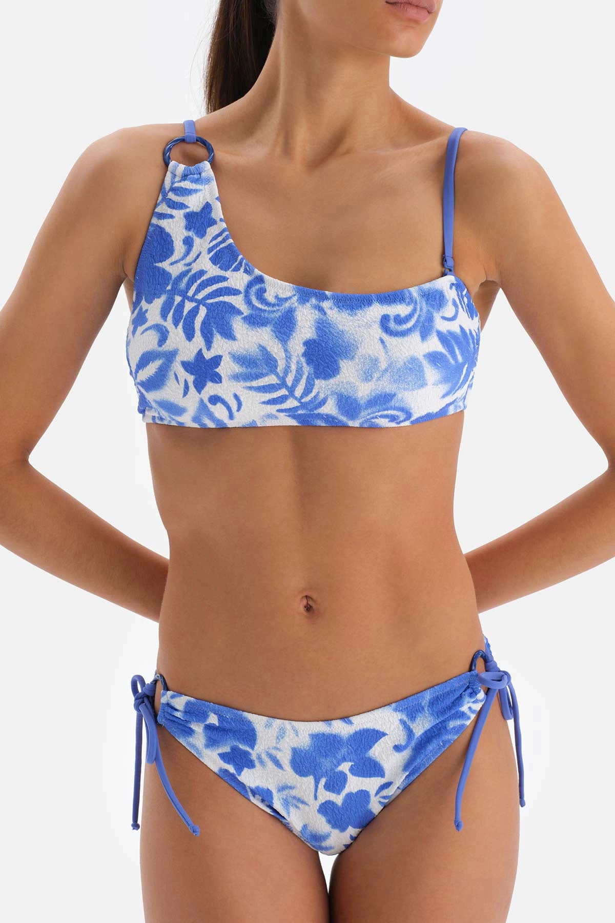 Mavi - Beyaz Tek Omuz Bikini Üstü