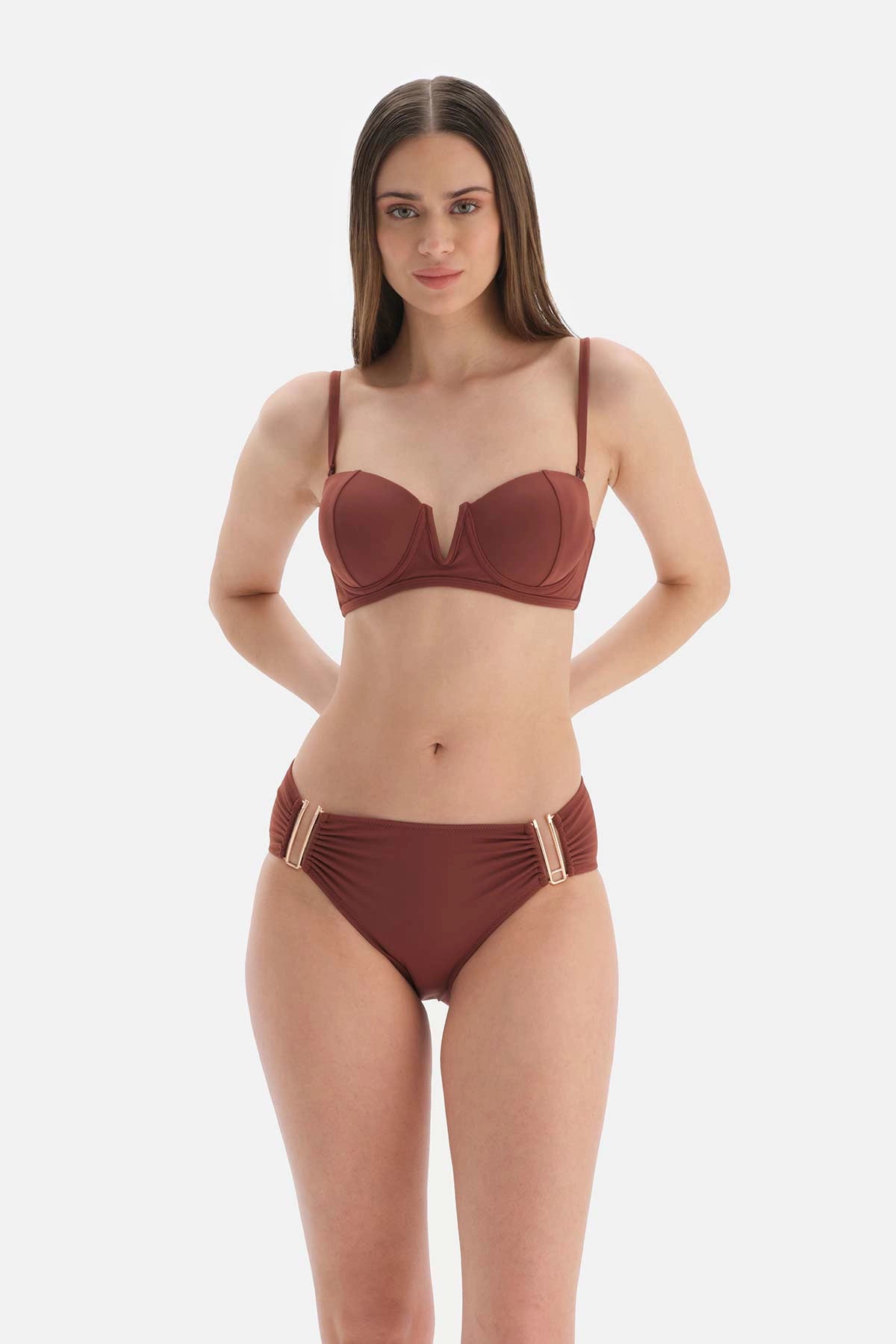 Kahve Straplez V Tel Bikini Üstü