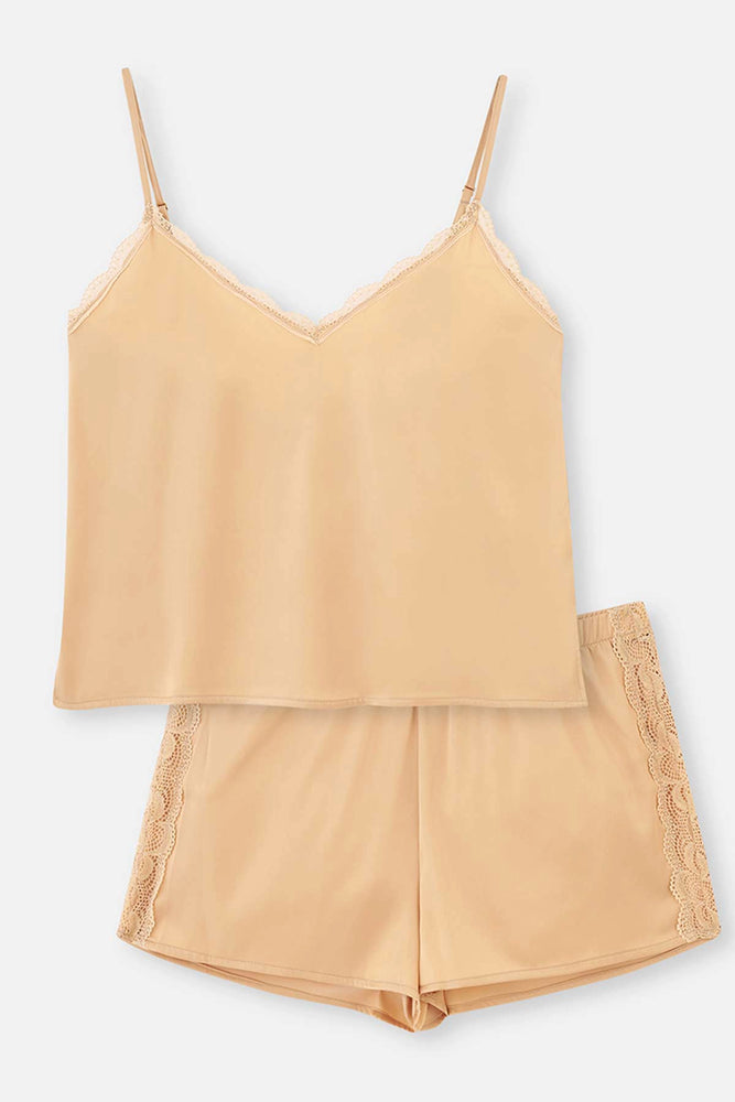 Bej Dantel Detaylı Camisole Takım