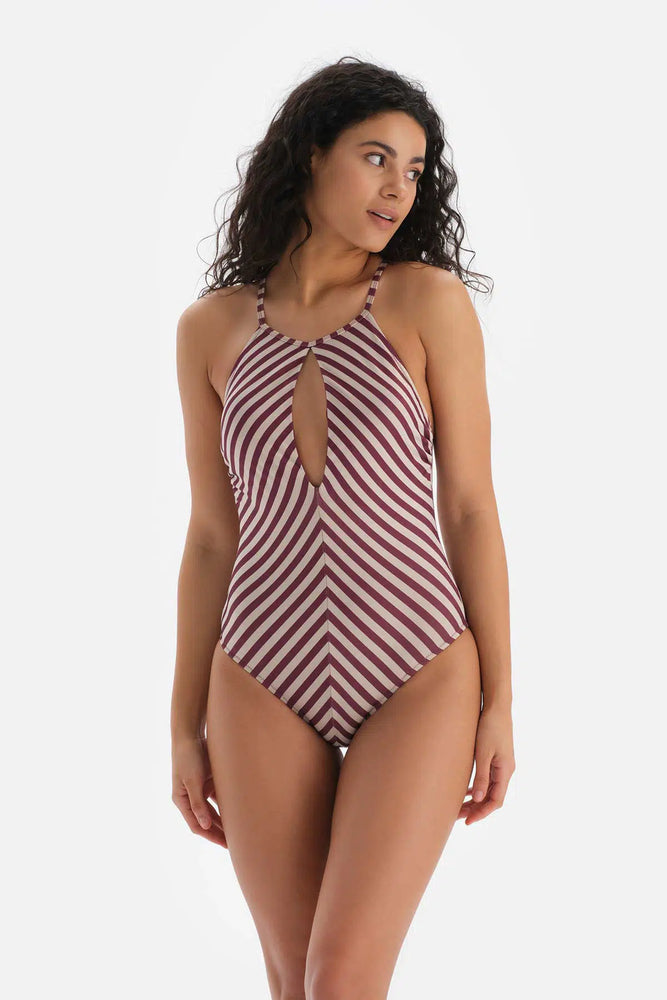 Bordo-Ekru Halter Yaka Mayo
