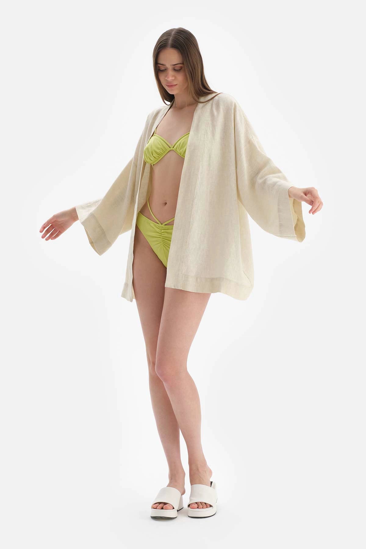 Bej Keten Kısa Kimono