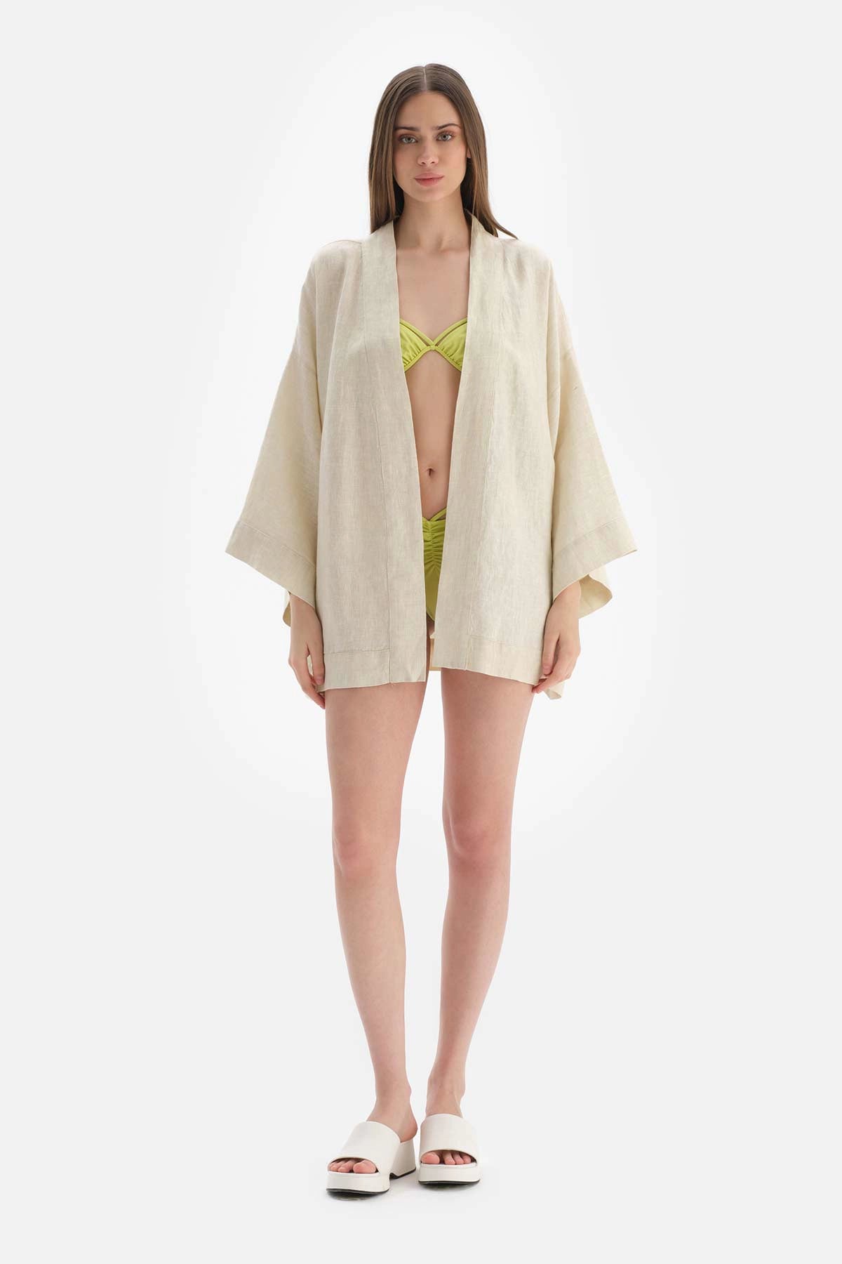 Bej Keten Kısa Kimono