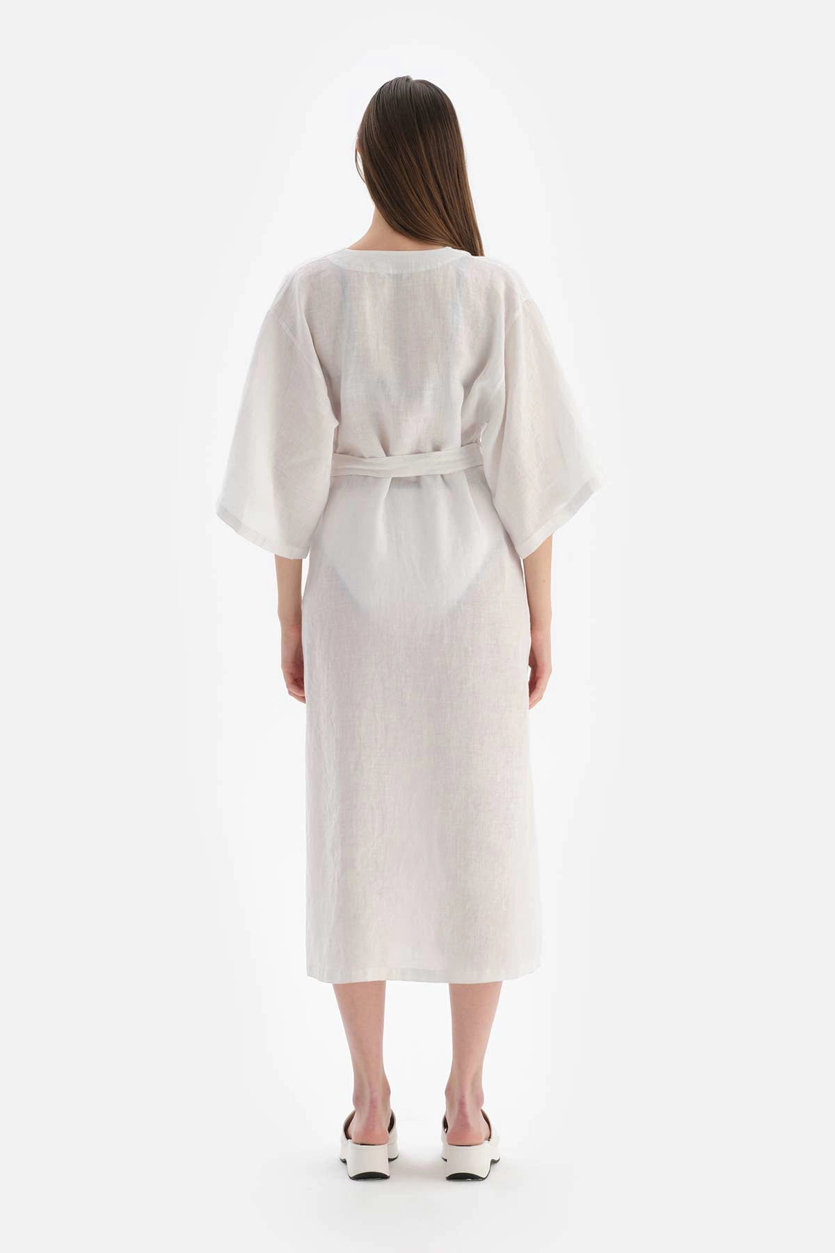 Beyaz Keten Uzun Kimono