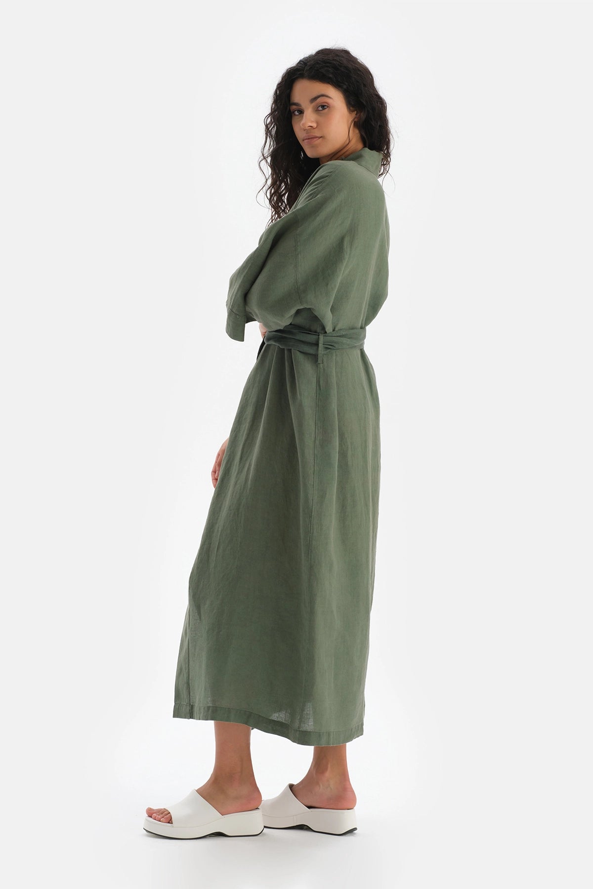Yeşil Keten Uzun Kimono