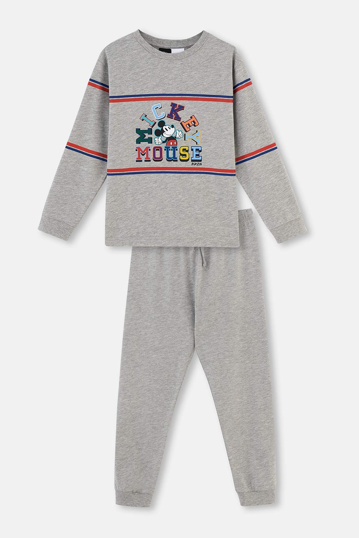Gri Melanj Mıckey Mouse Lisanslı Bisiklet Yaka Uzun Kollu Pijama Takımı