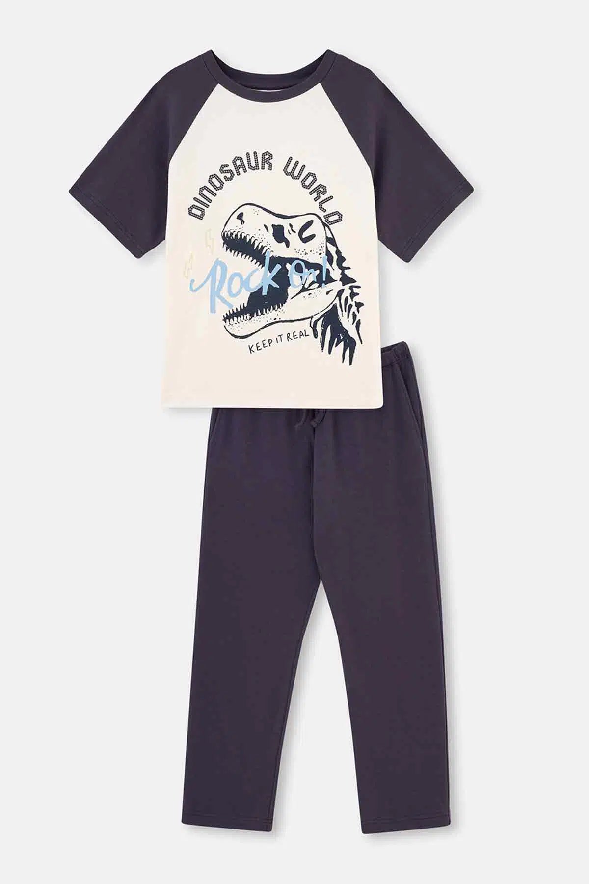Antrasıt Kısa Kollu Dinozor Baskılı Pijama Takımı