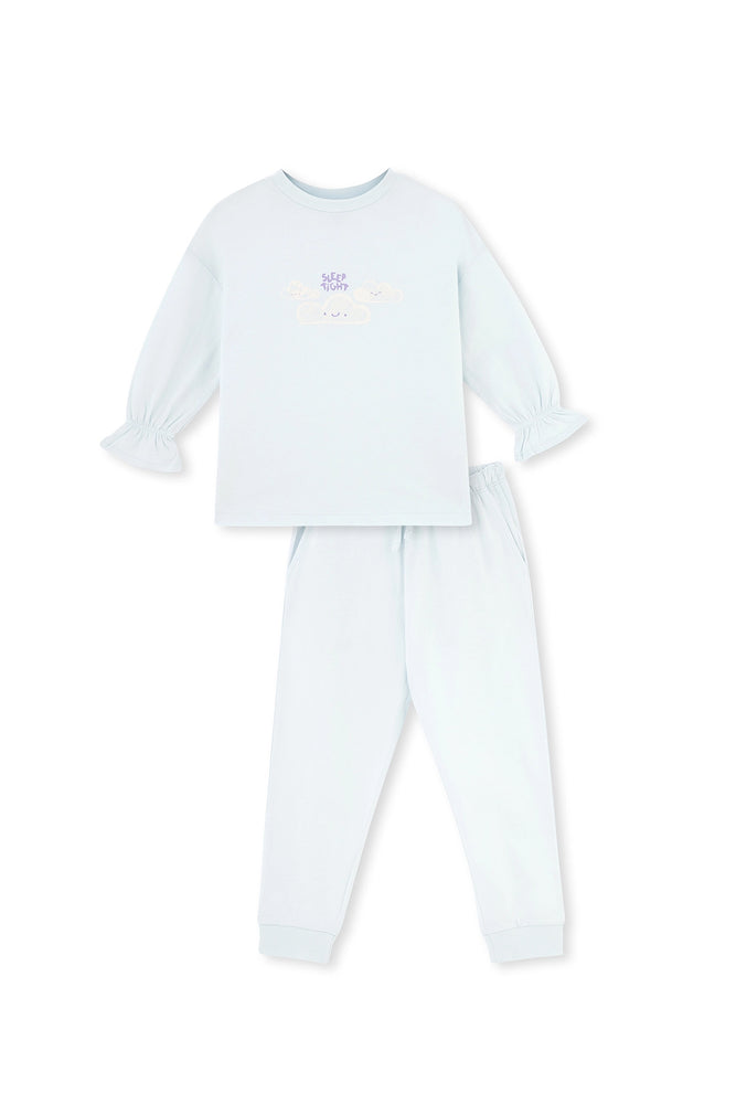 Açık Mavi Baskı Detaylı Uzun Kollu Bisiklet Yaka Pijama Takımı