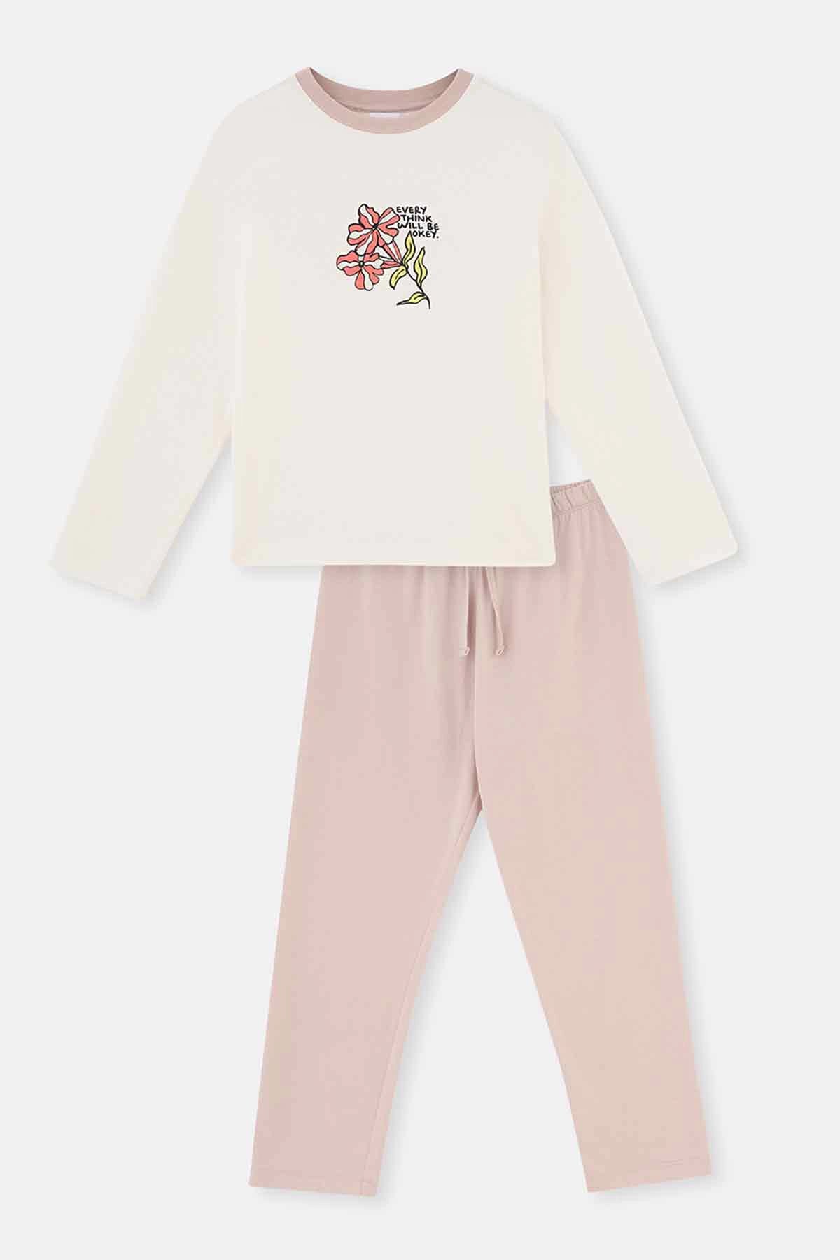 Ekru Baskı Detaylı Uzun Kollu Örme Pijama Takımı
