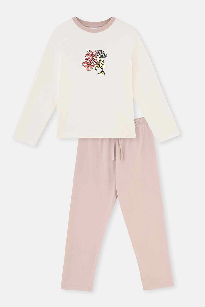Ekru Baskı Detaylı Uzun Kollu Örme Pijama Takımı
