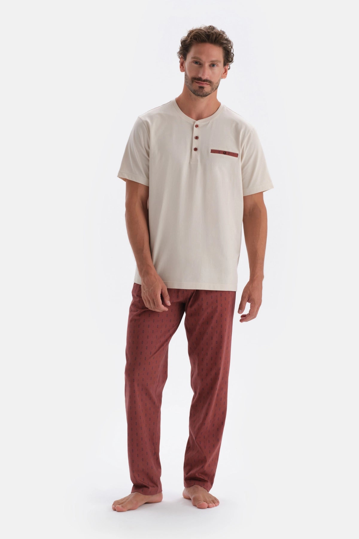 Ekru Yarım Patlı Cep Detaylı Modal Pijama Takımı