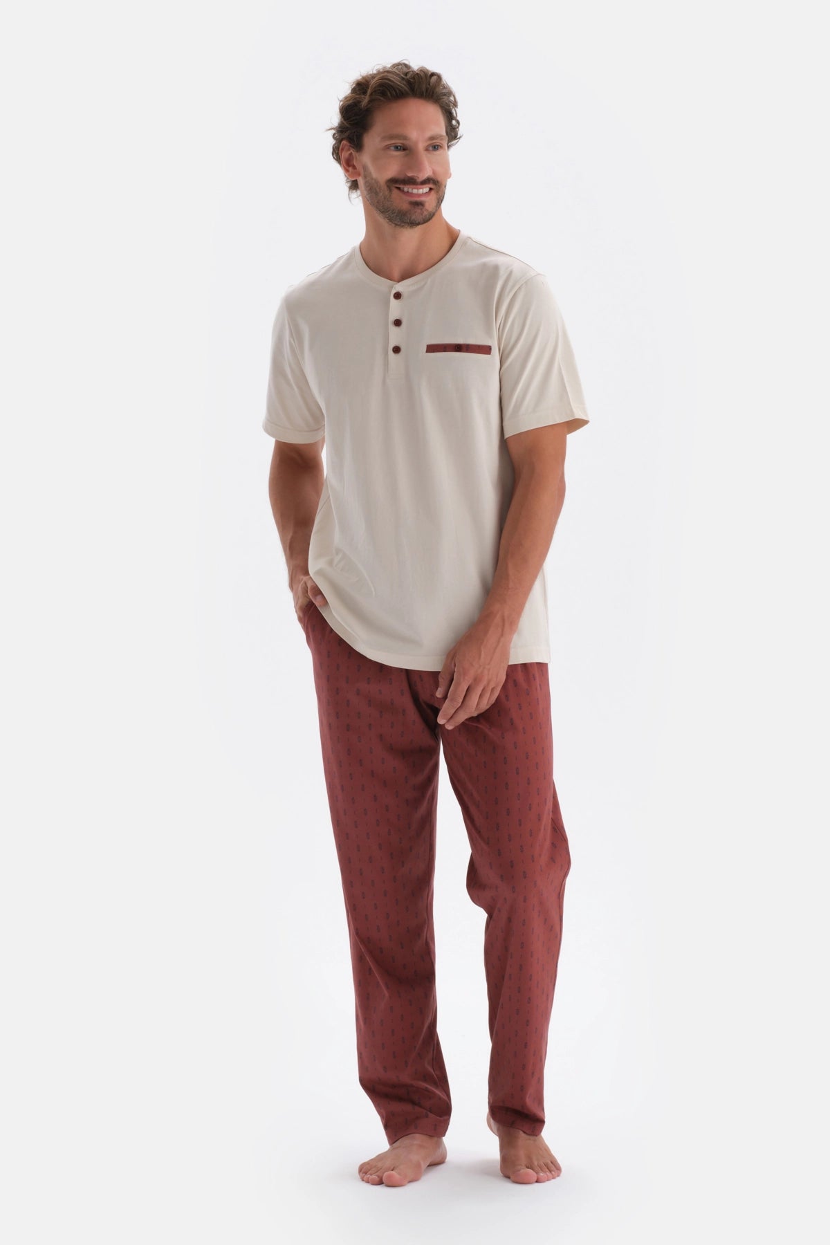 Ekru Yarım Patlı Cep Detaylı Modal Pijama Takımı