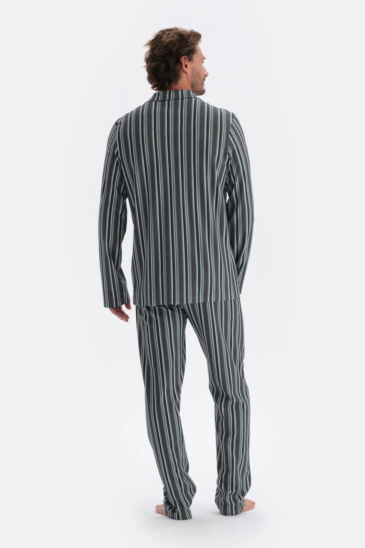Füme Gömlek Yaka Çizgili Pamuk Modal Pijama Takımı