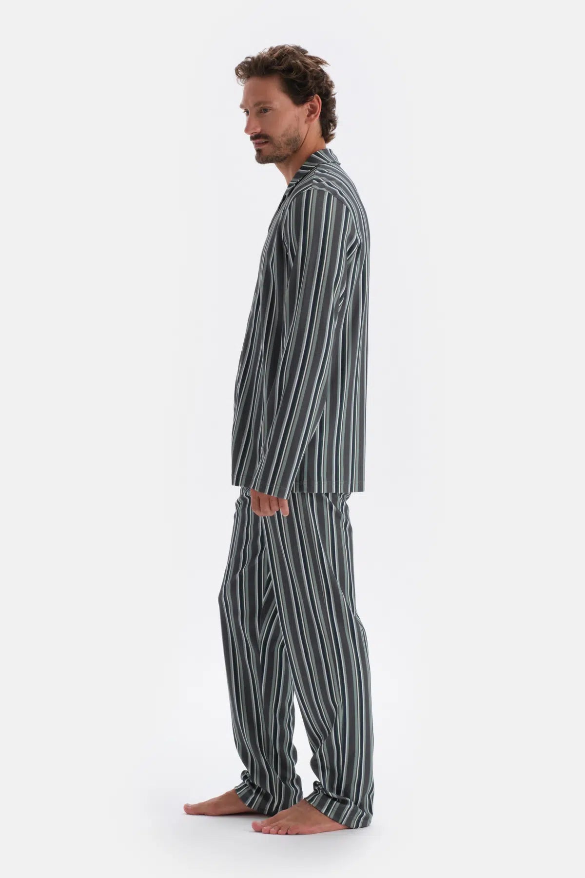 Füme Gömlek Yaka Çizgili Pamuk Modal Pijama Takımı
