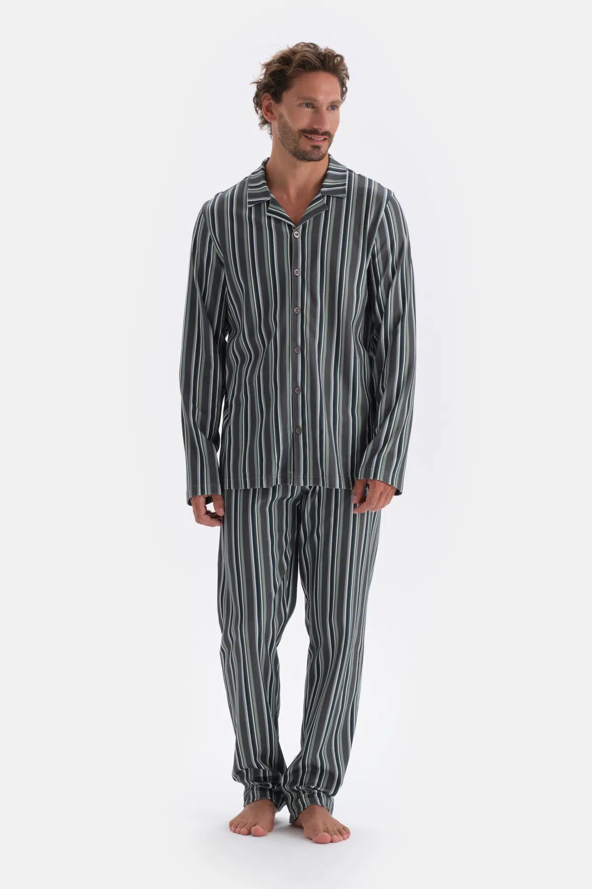 Füme Gömlek Yaka Çizgili Pamuk Modal Pijama Takımı