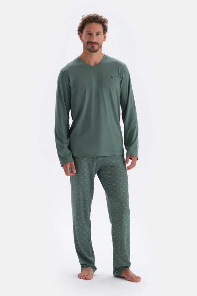 Yeşil V Yaka Uzun Kollu Pamuk Modal Pijama Takımı