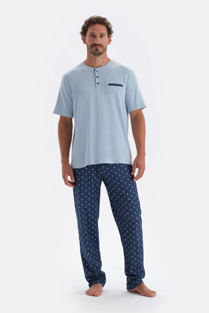 Mavi Yarım Patlı Cep Detaylı Kısa Kollu Örme Pijama Takımı