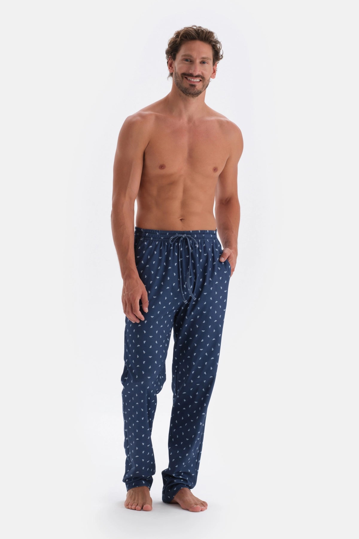 Mavi Yarım Patlı Cep Detaylı Kısa Kollu Örme Pijama Takımı
