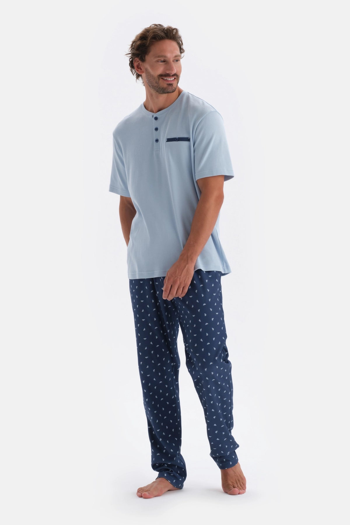 Mavi Yarım Patlı Cep Detaylı Kısa Kollu Örme Pijama Takımı
