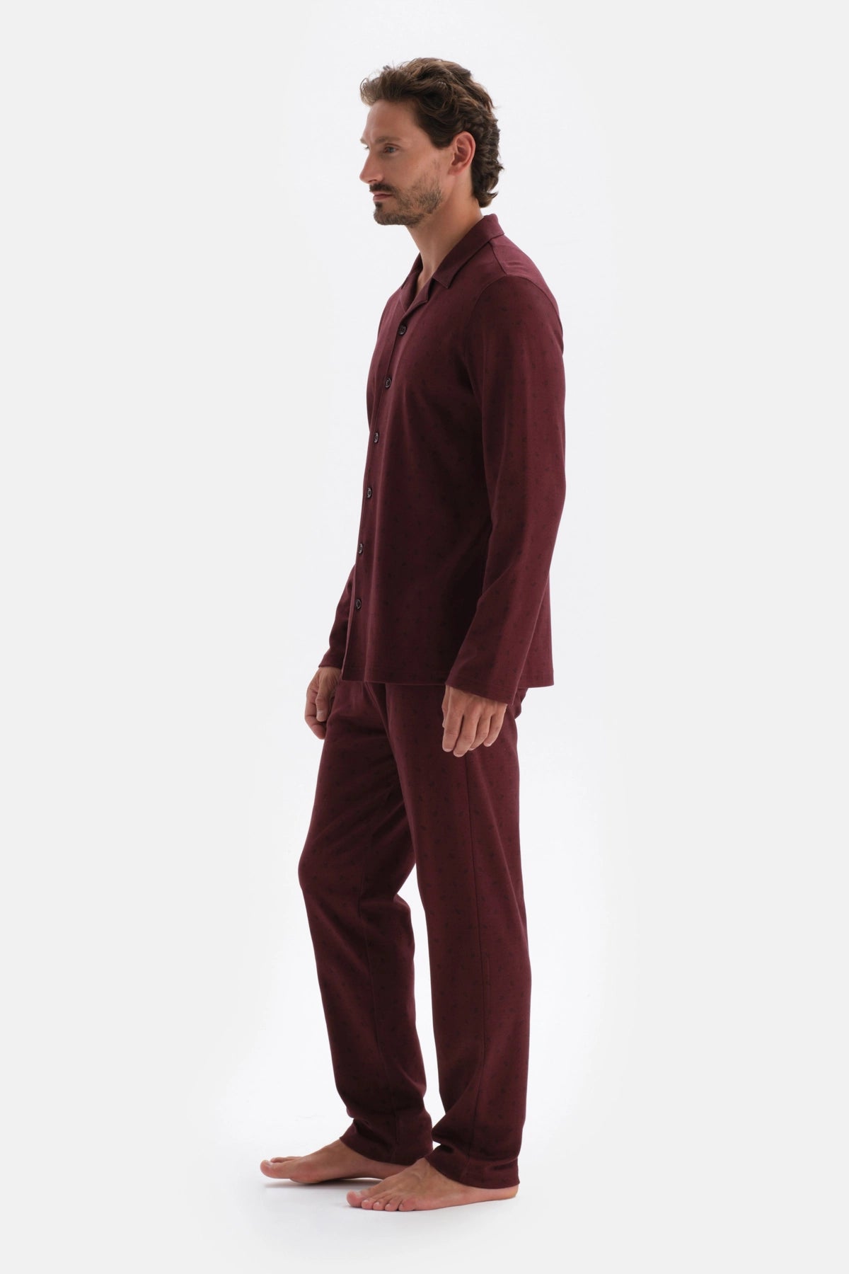 Bordo Mıkroprınt Metraj Baskılı Pamuklu Pijama Takımı