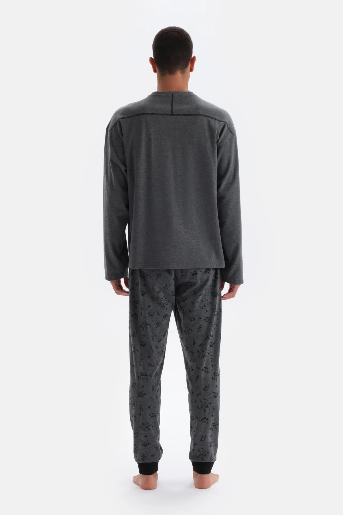 Füme Bisiklet Yaka Uzun Kol Metraj Baskılı Örme Pijama Takımı