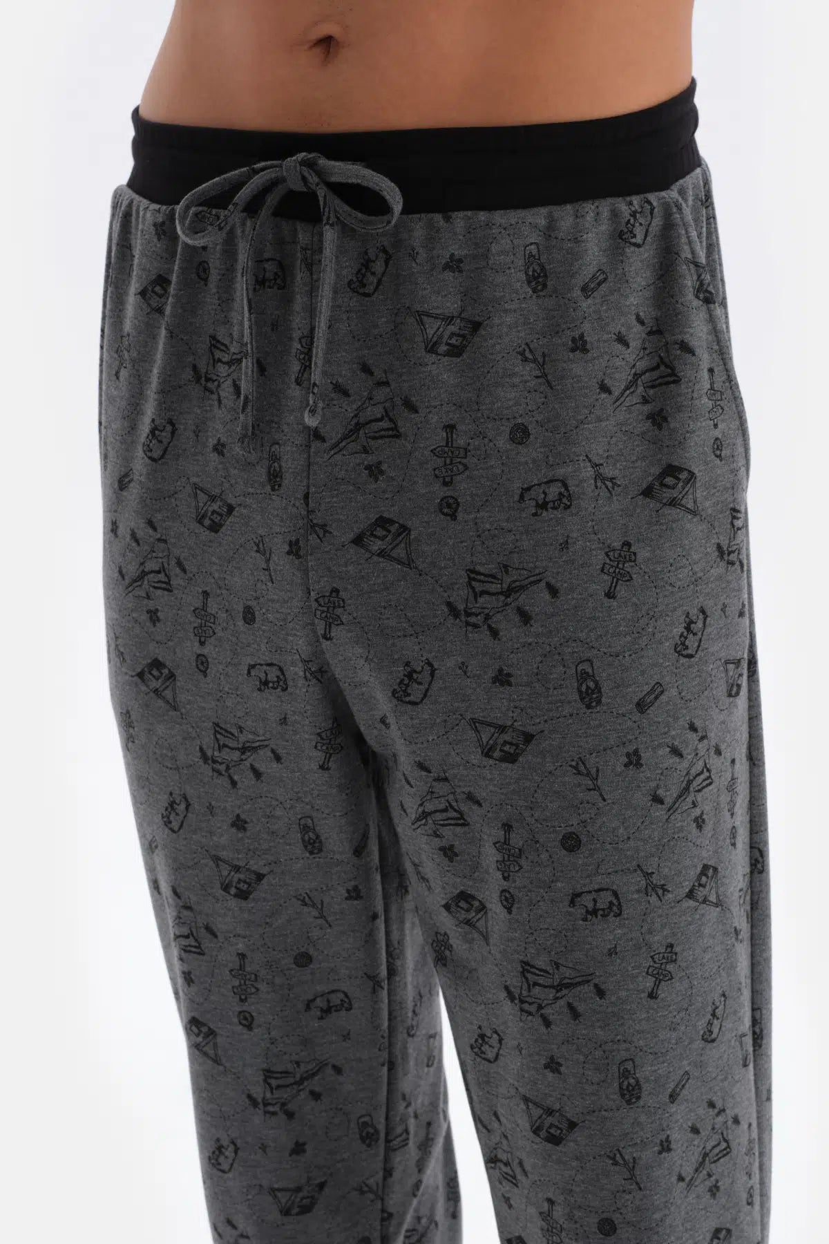 Füme Bisiklet Yaka Uzun Kol Metraj Baskılı Örme Pijama Takımı