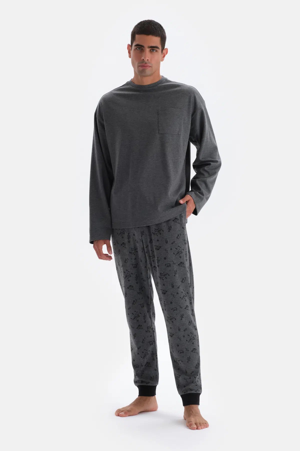 Füme Bisiklet Yaka Uzun Kol Metraj Baskılı Örme Pijama Takımı