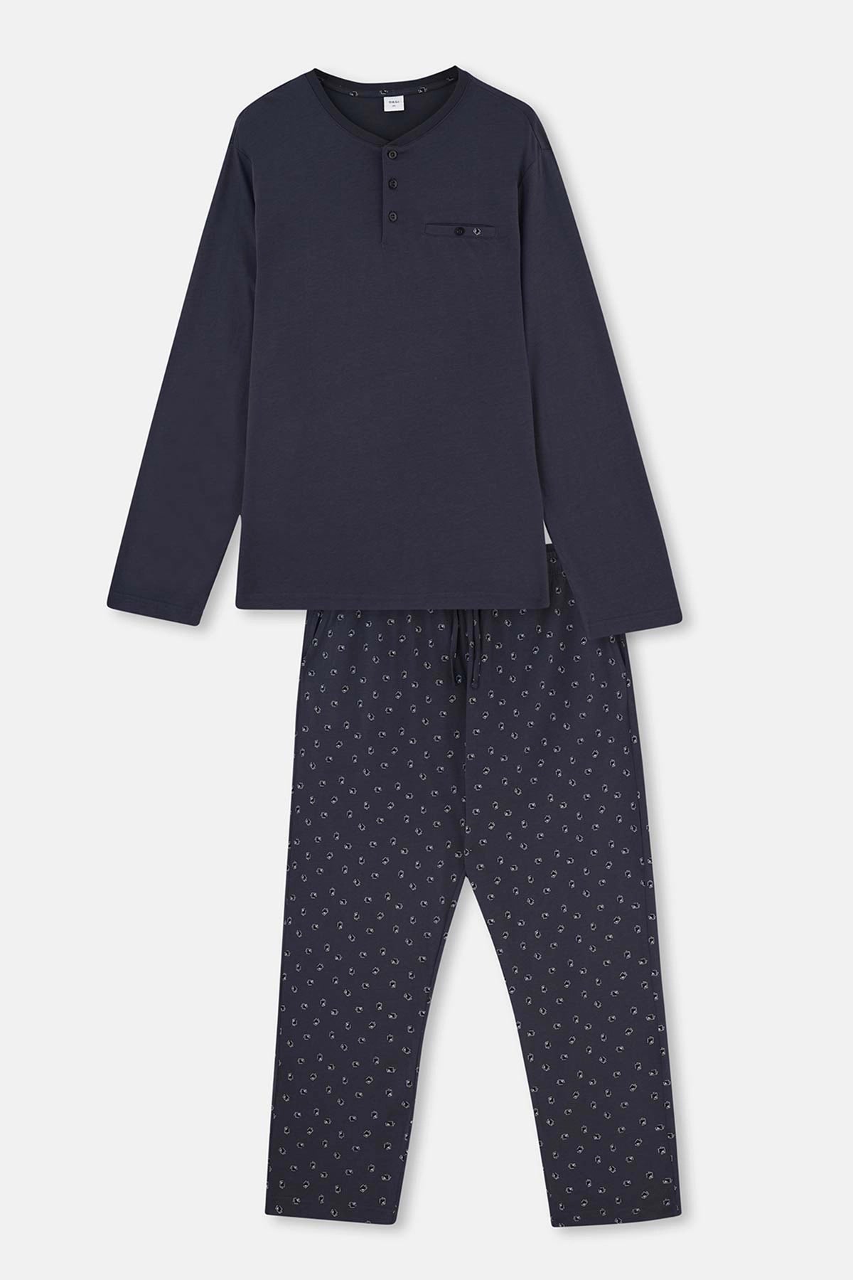 Lacivert Yarım Patlı Altı Metraj Baskılı Plus Size Pijama Takımı
