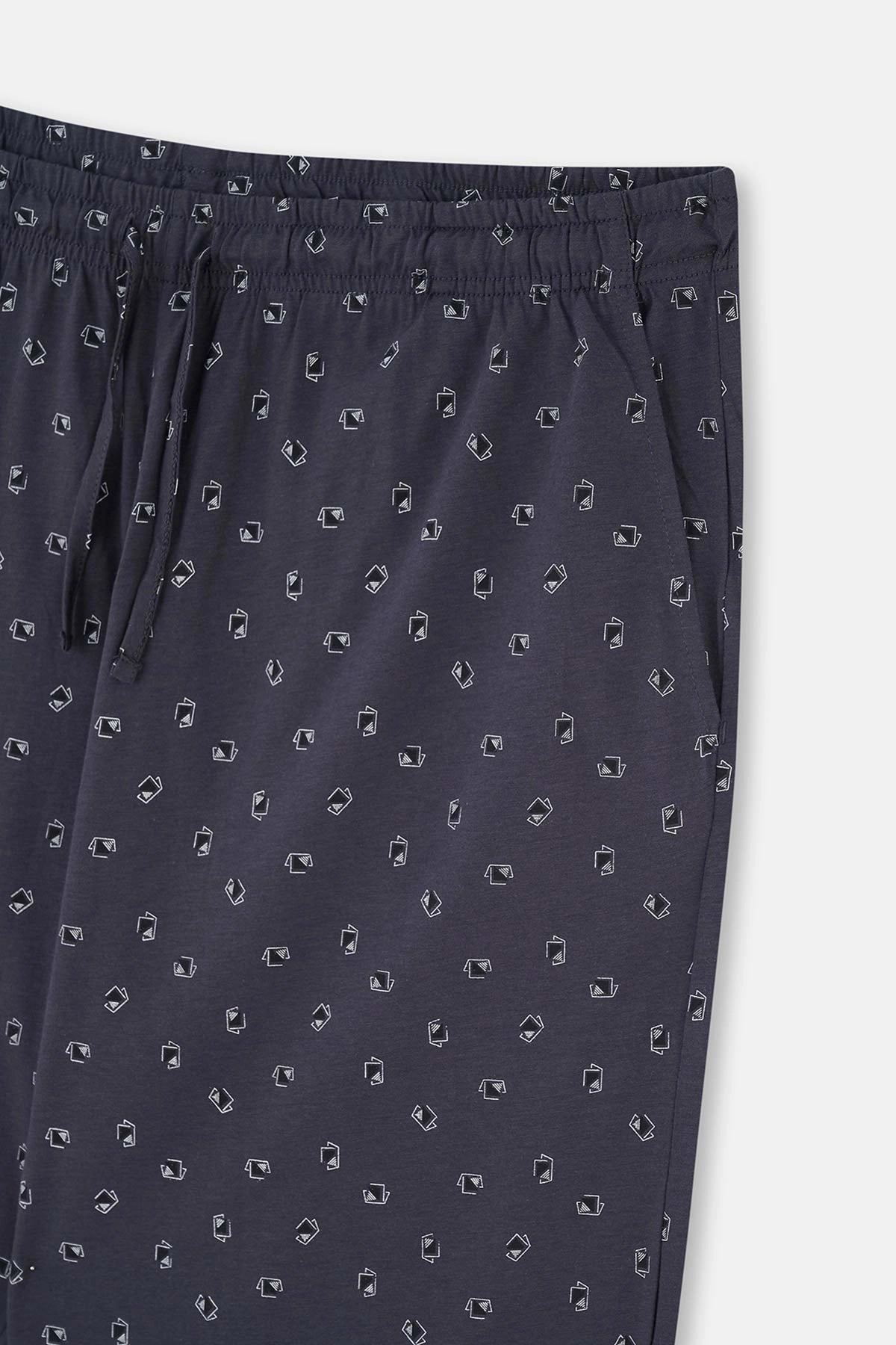 Lacivert Yarım Patlı Altı Metraj Baskılı Plus Size Pijama Takımı