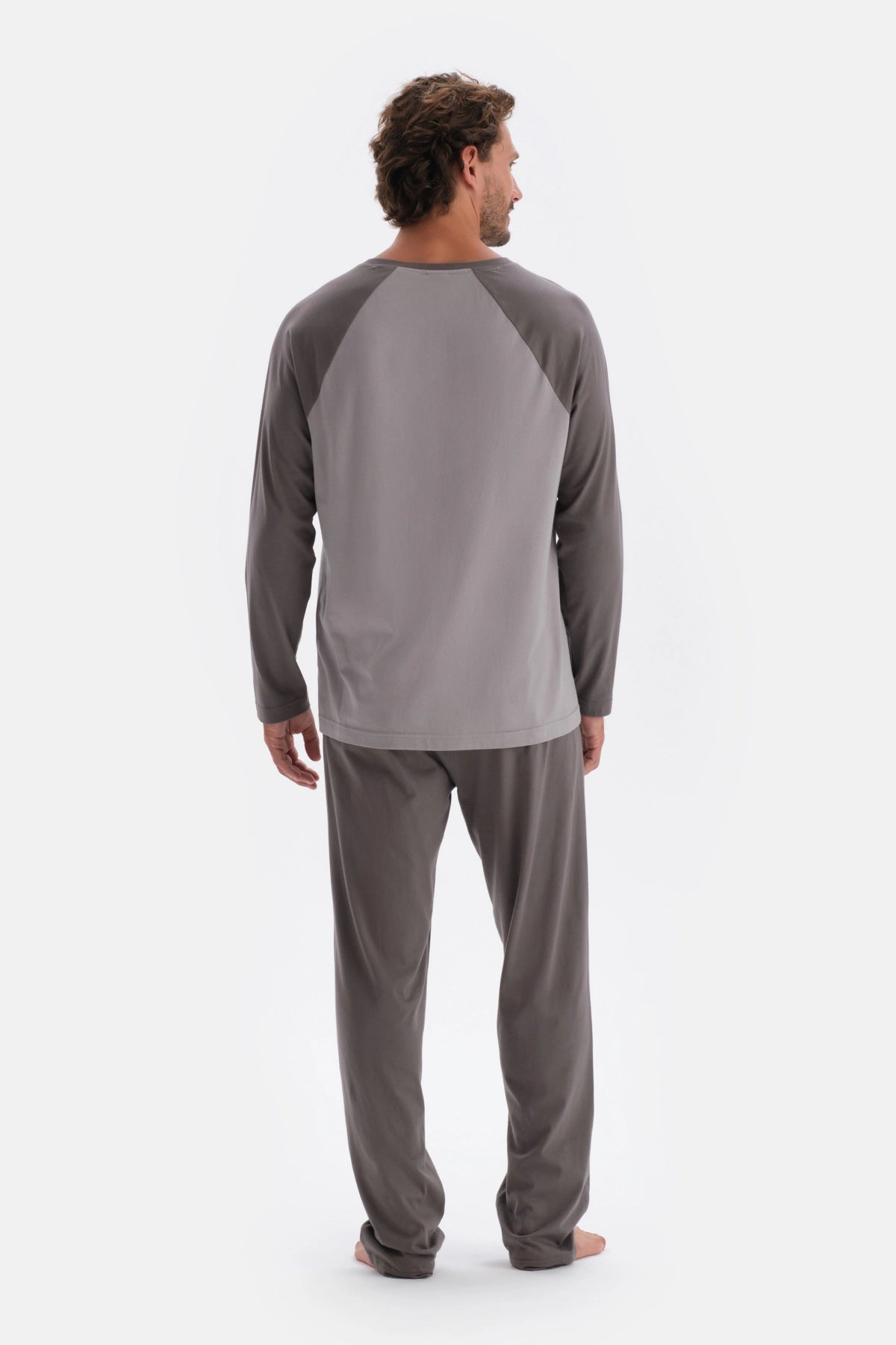 Antrasıt Yarım Patlı Uzun Kollu Pamuk Modal Pijama Takımı