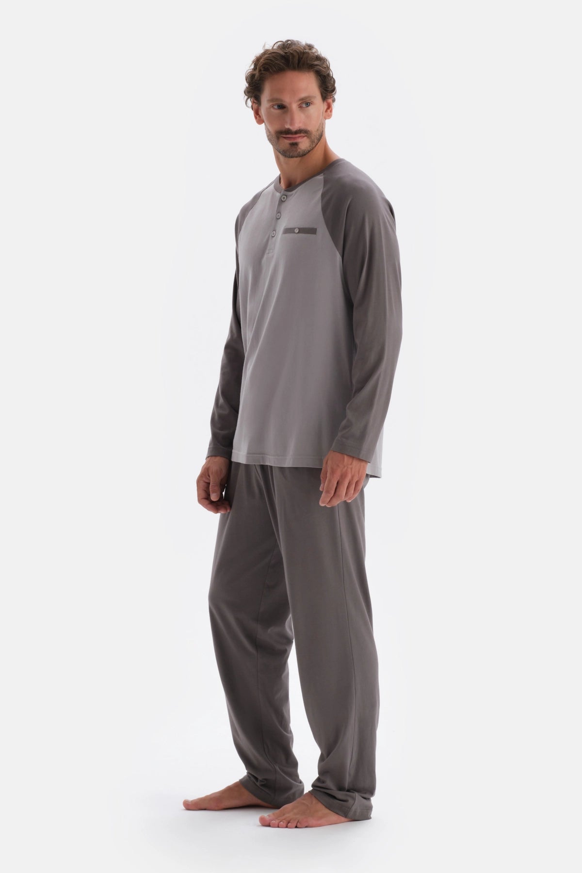 Antrasıt Yarım Patlı Uzun Kollu Pamuk Modal Pijama Takımı