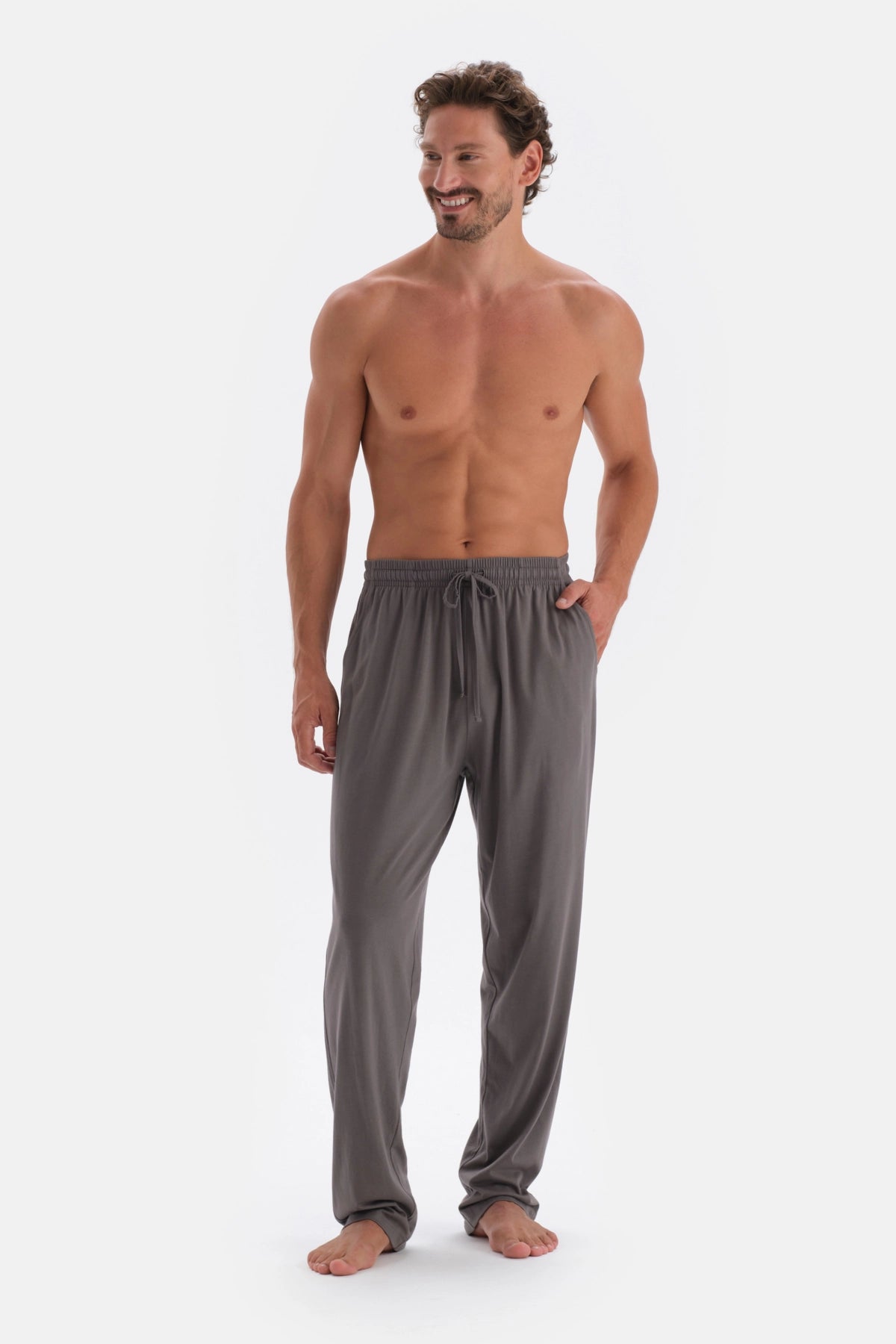 Antrasıt Yarım Patlı Uzun Kollu Pamuk Modal Pijama Takımı