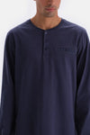Lacivert Yarım Patlı Uzun Kol Metraj Baskılı Pamuklu Pijama Takımı