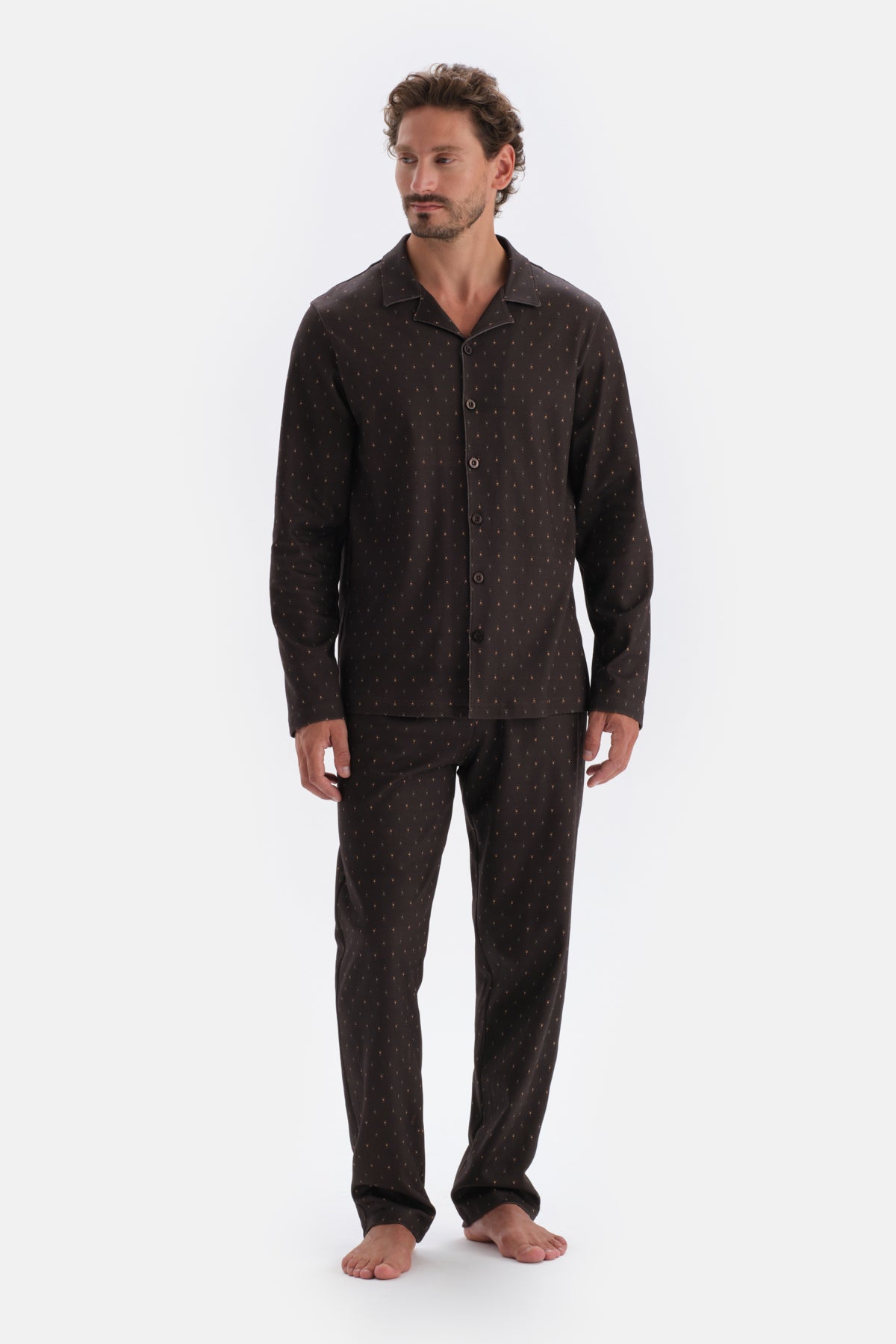 Koyu Kahve Mikroprint Baskılı Interlok Gömlek Pijama Takımı