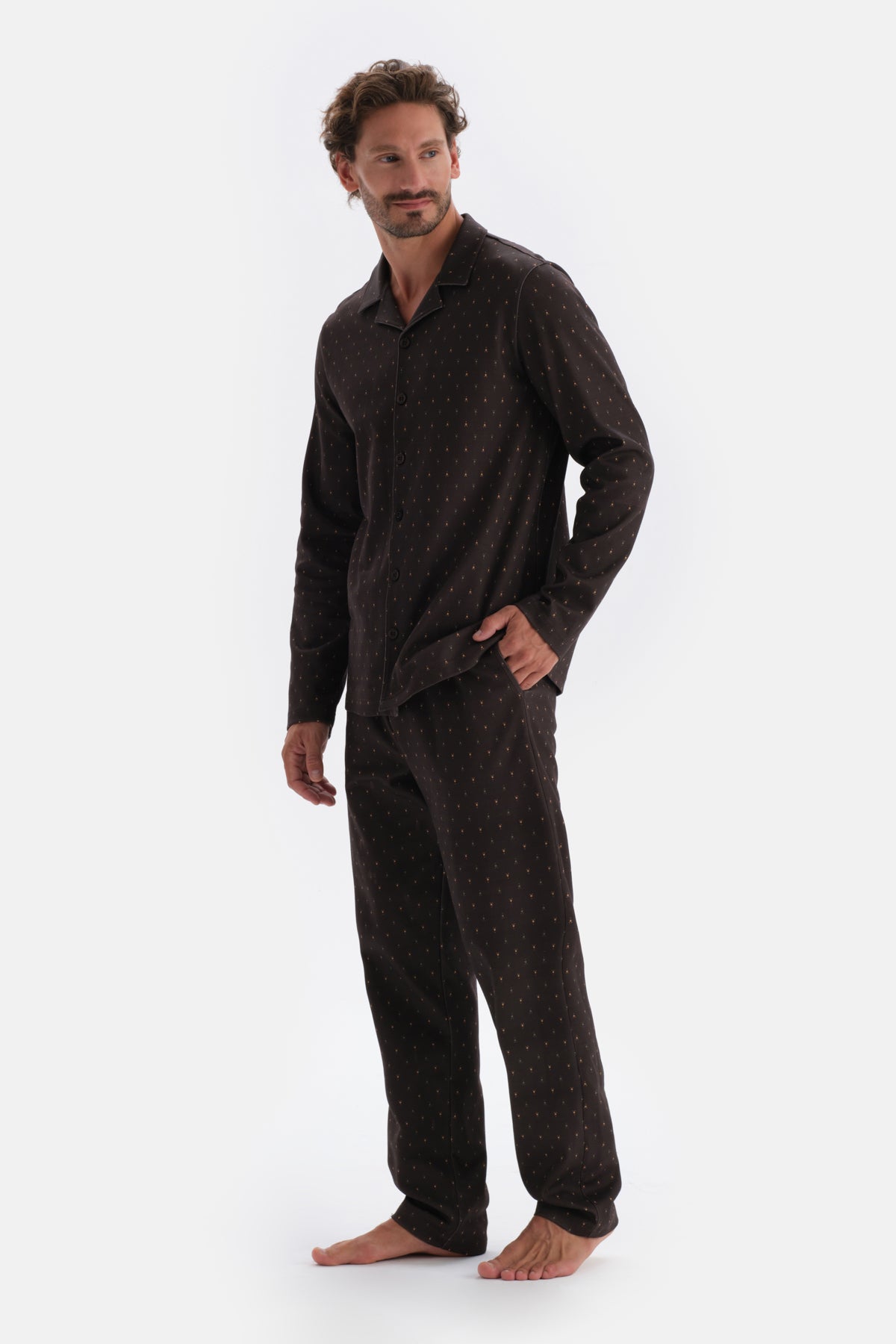 Koyu Kahve Mikroprint Baskılı Interlok Gömlek Pijama Takımı
