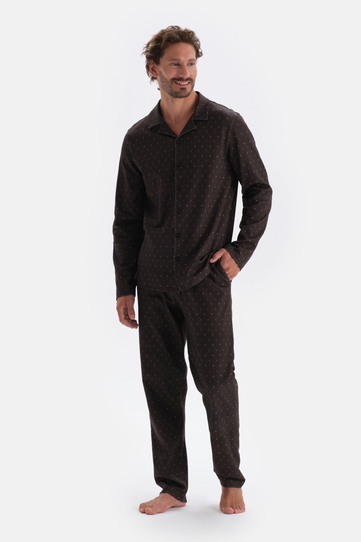 Koyu Kahve Mikroprint Baskılı Interlok Gömlek Pijama Takımı