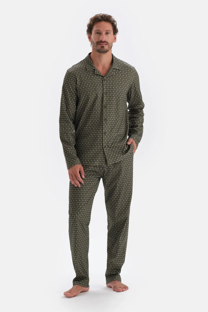 Yeşil Mikroprint Baskılı Örme Gömlek Pijama Takımı