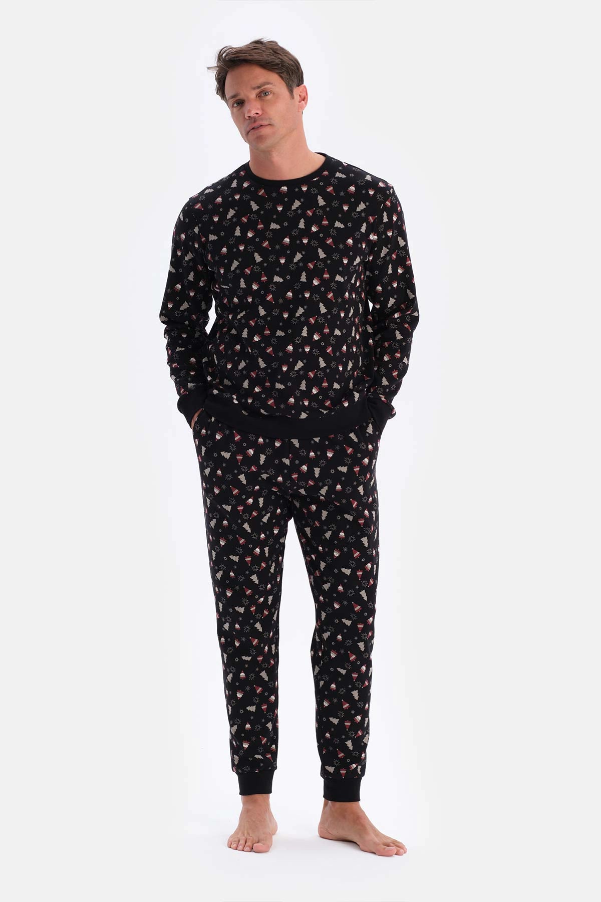 Siyah Metraj Baskılı Ipek Apre Interlok Pijama Takımı