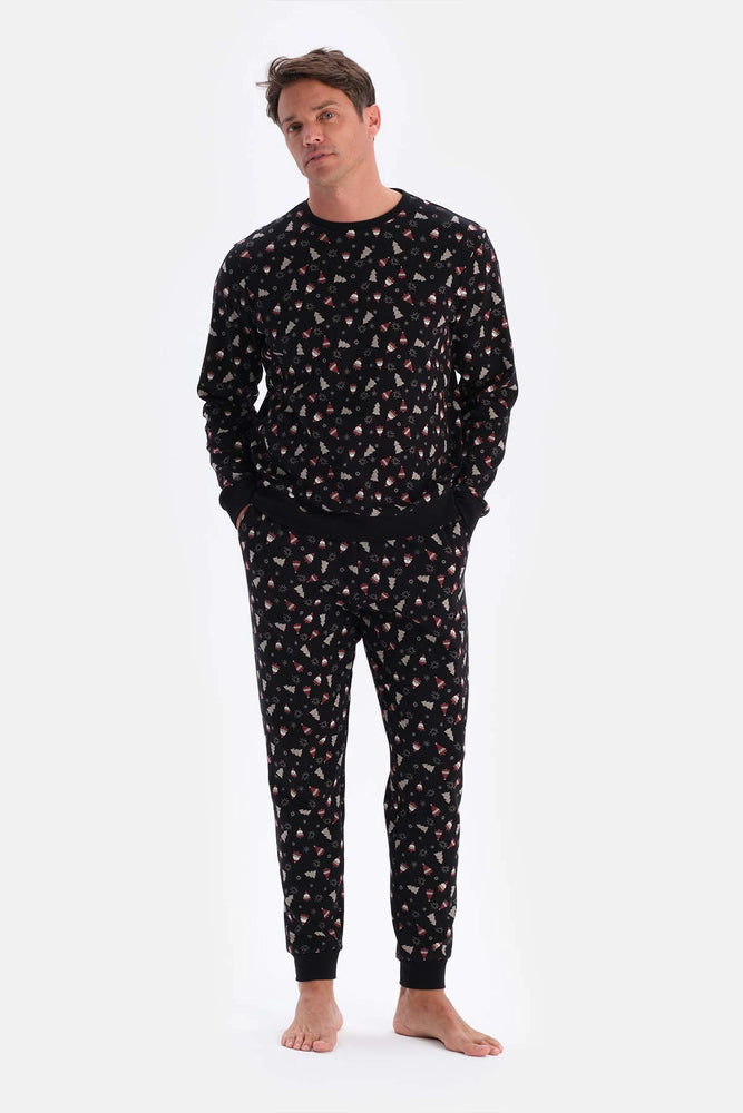 Siyah Metraj Baskılı Ipek Apre Interlok Pijama Takımı