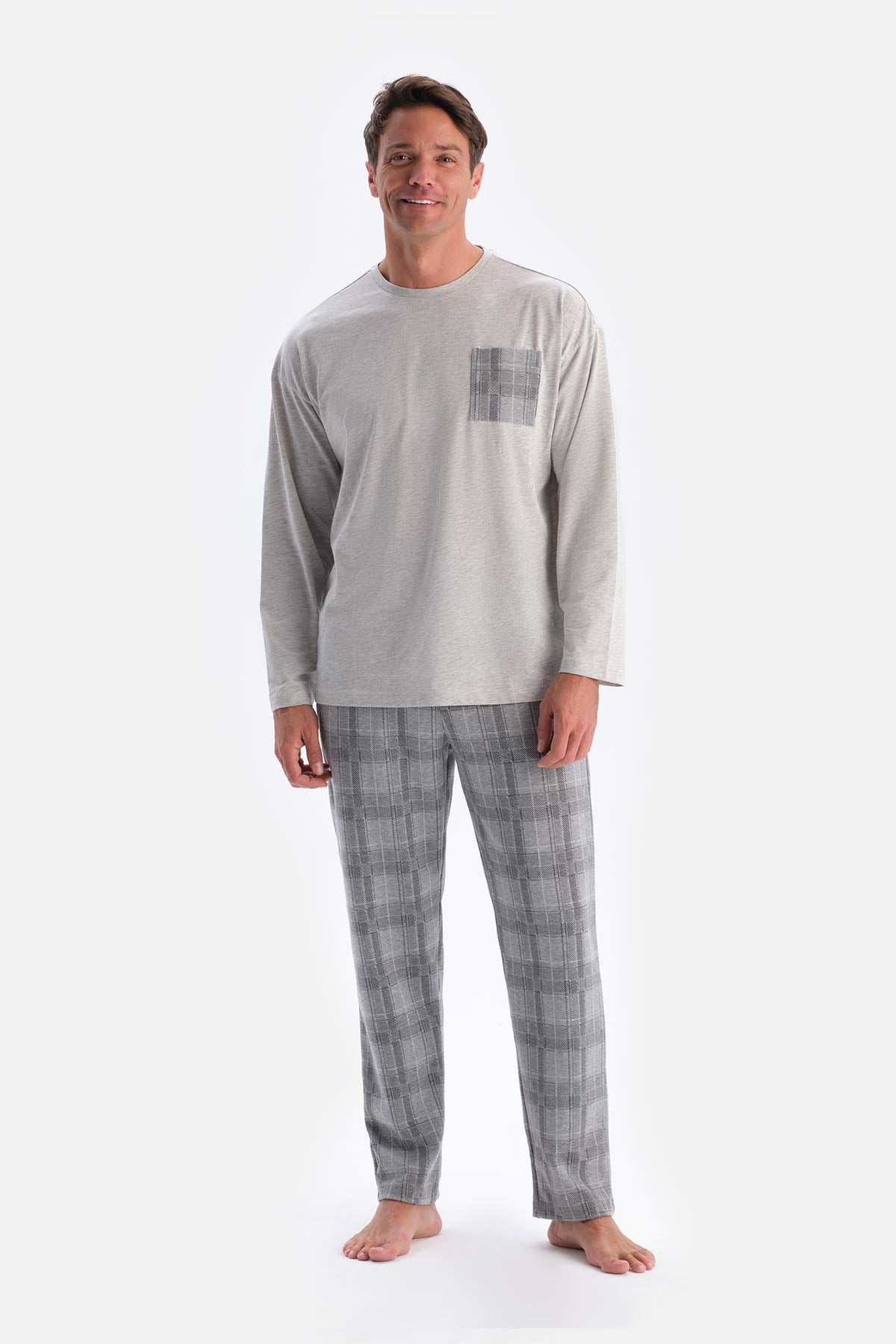 Gri Melanj Bisiklet Yaka Altı Jakarlı Pijama Takımı