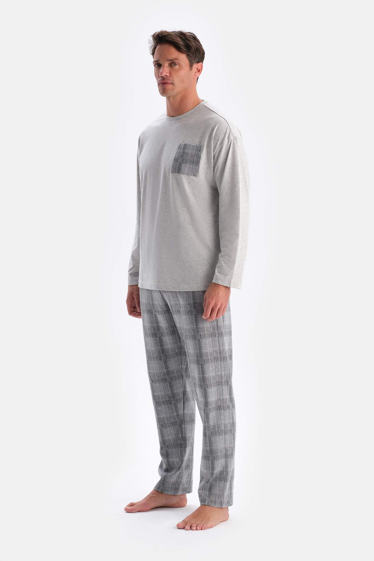 Gri Melanj Bisiklet Yaka Altı Jakarlı Pijama Takımı