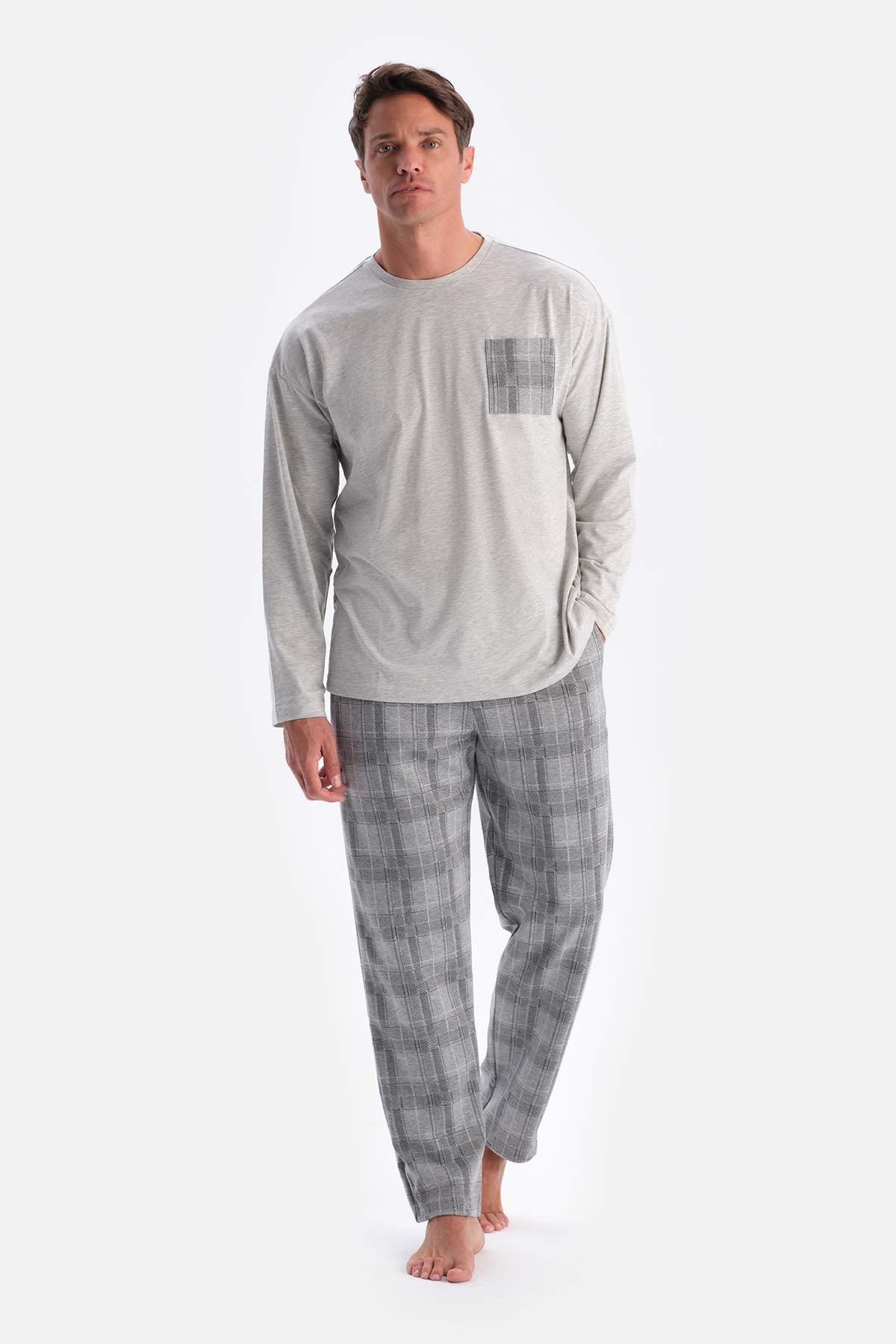 Gri Melanj Bisiklet Yaka Altı Jakarlı Pijama Takımı