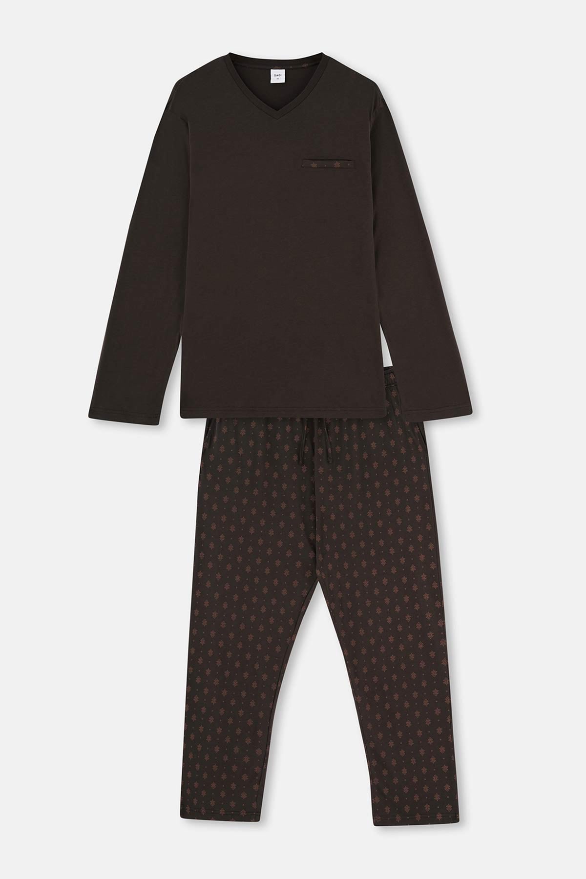Koyu Kahve V Yaka Uzun Kollu Pamuk Modal Pijama Takımı