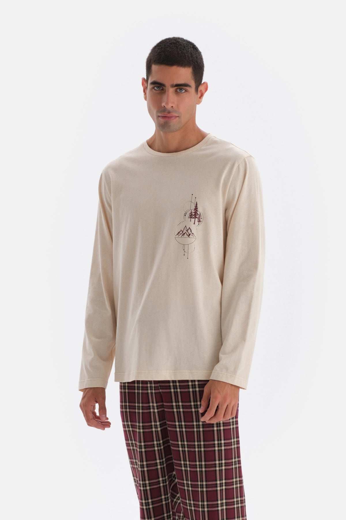 Ekru Bisiklet Yaka Uzun Kol Baskı Detaylı Pijama Üstü