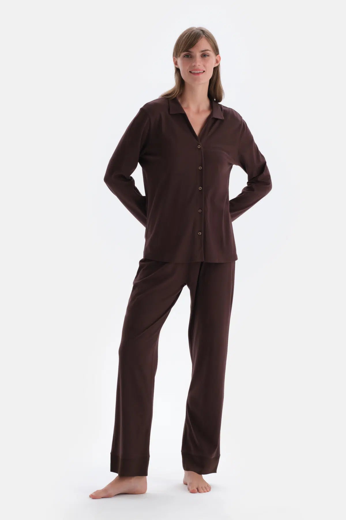 Koyu Kahve Saten Paça Detaylı Gömlek Pantolon Pijama Takımı