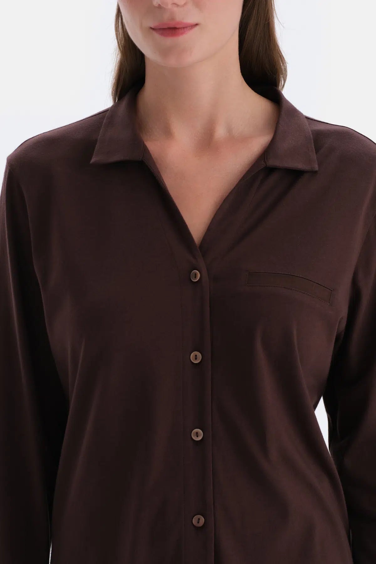 Koyu Kahve Saten Paça Detaylı Gömlek Pantolon Pijama Takımı
