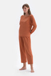 Kiremit Kayık Yaka Uzun Kollu Tişört Pantolon Pijama Takımı