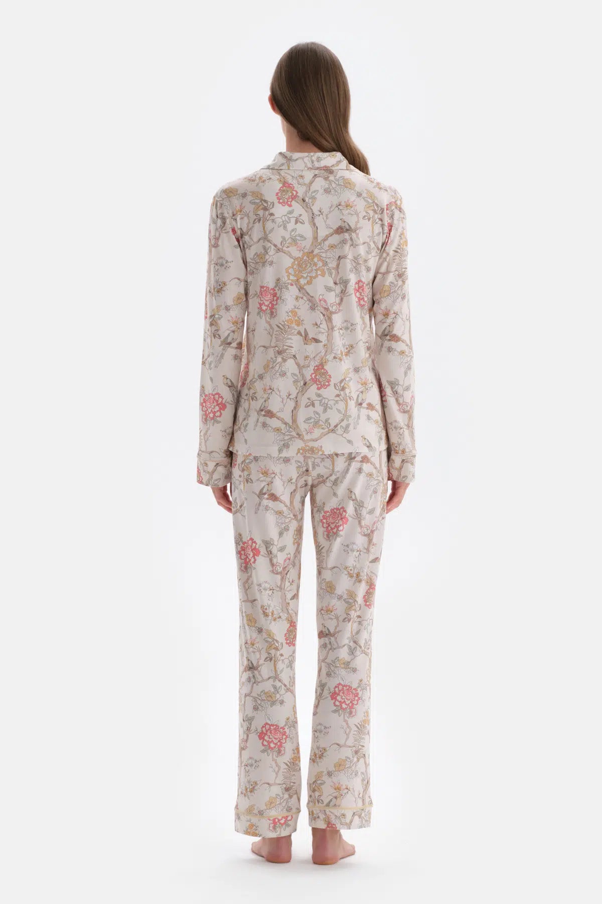 Ekru Metraj Baskılı Gömlek Pantolon Pijama Takımı