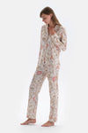 Ekru Metraj Baskılı Gömlek Pantolon Pijama Takımı