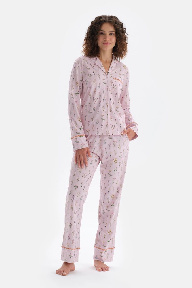 Açık Pembe Minik Çiçek Baskılı Gömlek Pantolon Pijama Takımı